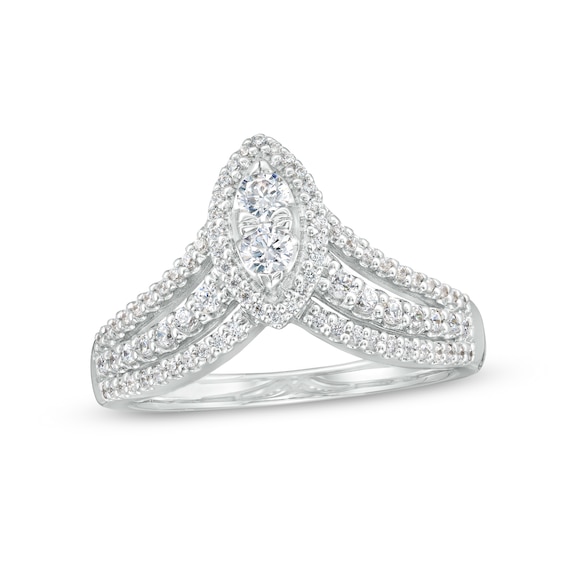 1/2 CT. T.w. Multi-Diamond Marquise Triple Row Split Shank Ring in 10K White Gold