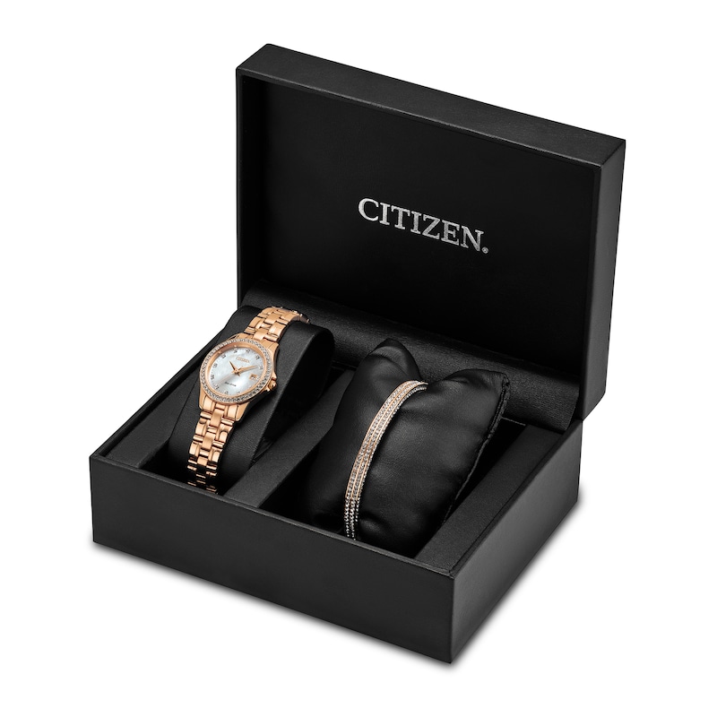 Ladies' Citizen Eco-Drive® Silhouette Crystal Accent Rose-Tone Watch and Bangle Bracelet Box Set (Model: EW1847-60Y)