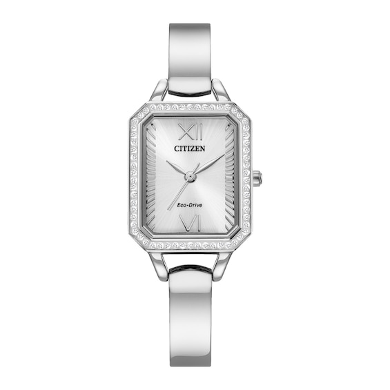 Ladies' Citizen Eco-DriveÂ® Silhouette Crystal Accent Bangle Watch with Rectangular Silver-Tone Dial (Model: Em0980-50A)