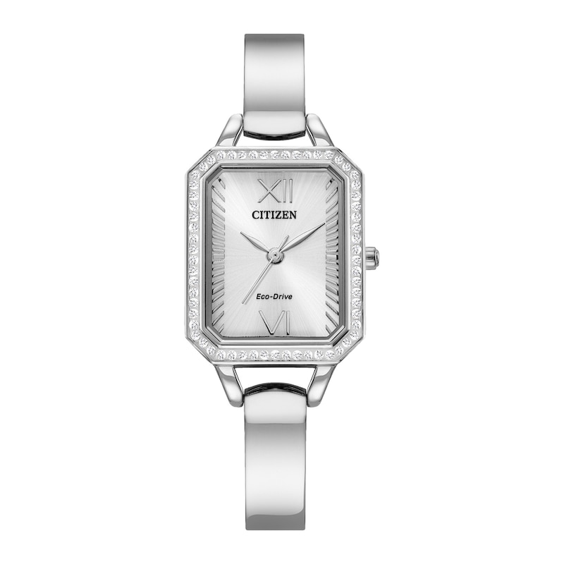 Main Image 1 of Ladies' Citizen Eco-Drive® Silhouette Crystal Accent Bangle Watch with Rectangular Silver-Tone Dial (Model: EM0980-50A)
