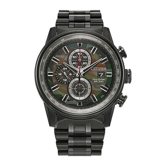 Men's Citizen Eco-DriveÂ® Nighthawk Black IP Chronograph Watch with Green Camouflage Dial (Model Ca0805-53X)