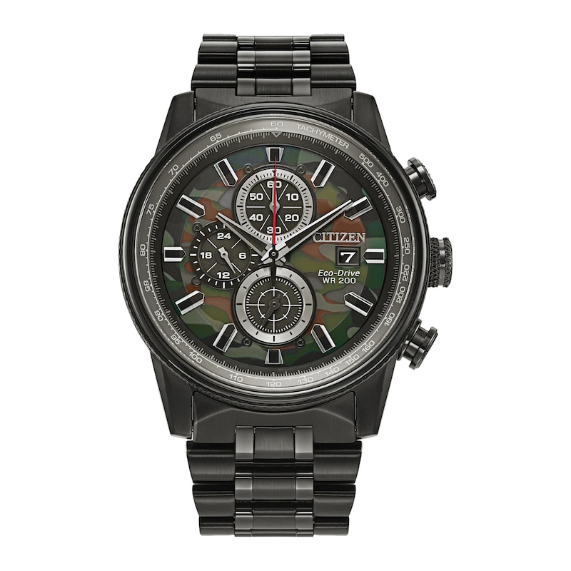 Main Image 1 of Men's Citizen Eco-Drive® Nighthawk Black IP Chronograph Watch with Green Camouflage Dial (Model CA0805-53X)