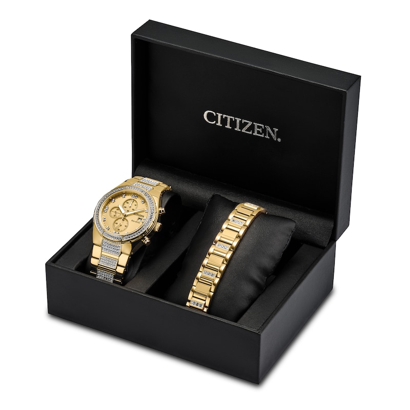 Main Image 1 of Men's Citizen Eco-Drive® Crystal Accent Gold-Tone Watch and Link Chain Bracelet Box Set (Model: CA0752-66P)