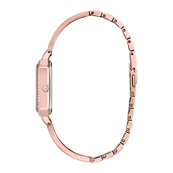 Ladies' Citizen Eco-DriveÂ® Silhouette Crystal Rose-Tone Bangle Watch with Rectangle Silver-Tone Dial (Model: Em0983-51A)