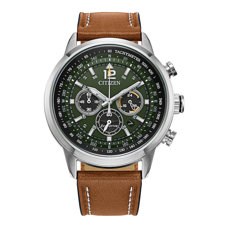 Men's Citizen Eco-Drive® Avion Chronograph Brown Leather Strap Watch with Green Dial (Model:CA4477-08X)