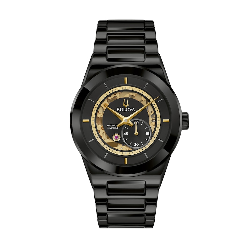 Men's Bulova Modern Millenia Black IP Automatic Ceramic Watch with Black Skeleton Dial (Model: 98A291)