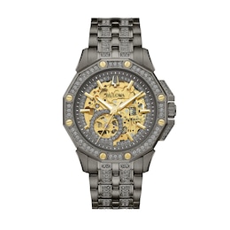 Men's Bulova Octava Crystal Accent Gunmetal Grey IP Automatic Watch with Grey Skeleton Dial (Model: 98A293)