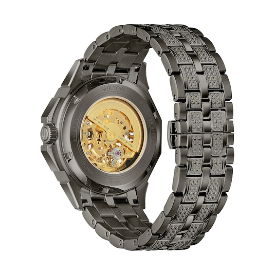 Men's Bulova Octava Crystal Accent Gunmetal Grey IP Automatic Watch with Grey Skeleton Dial (Model: 98A293)