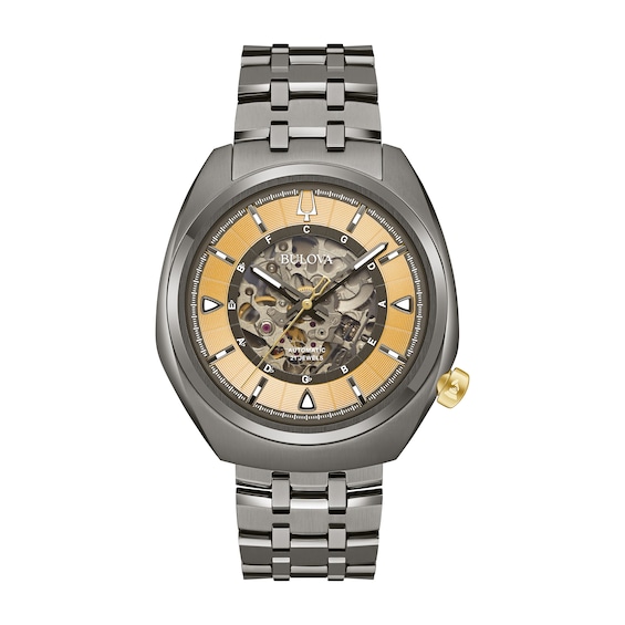 Men's Bulova GrammyÂ® Gunmetal Grey IP Automatic Watch with Gold-Tone Skeleton Dial (Model: 98A294)