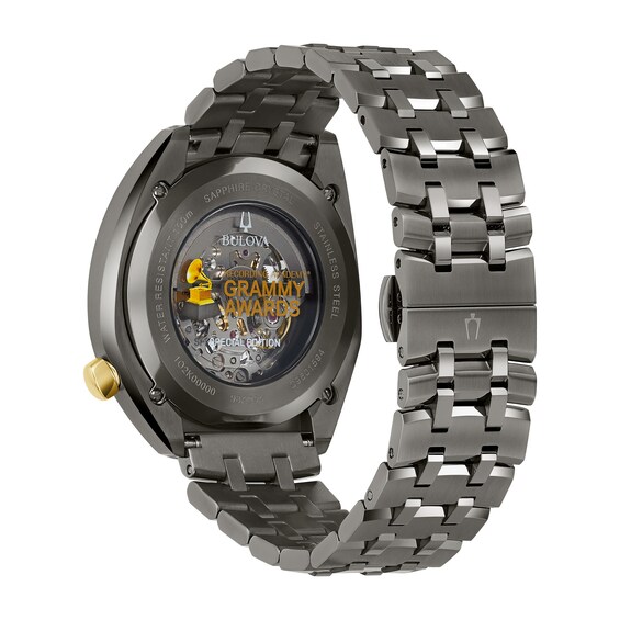 Men's Bulova GrammyÂ® Gunmetal Grey IP Automatic Watch with Gold-Tone Skeleton Dial (Model: 98A294)