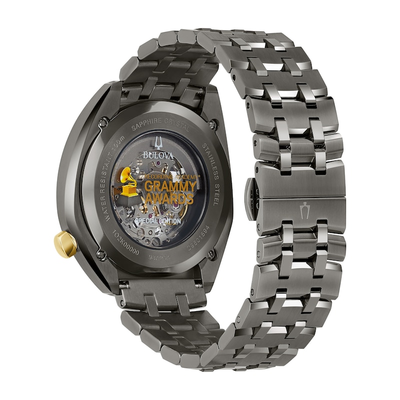 Men's Bulova GRAMMY® Gunmetal Grey IP Automatic Watch with Gold-Tone Skeleton Dial (Model: 98A294)