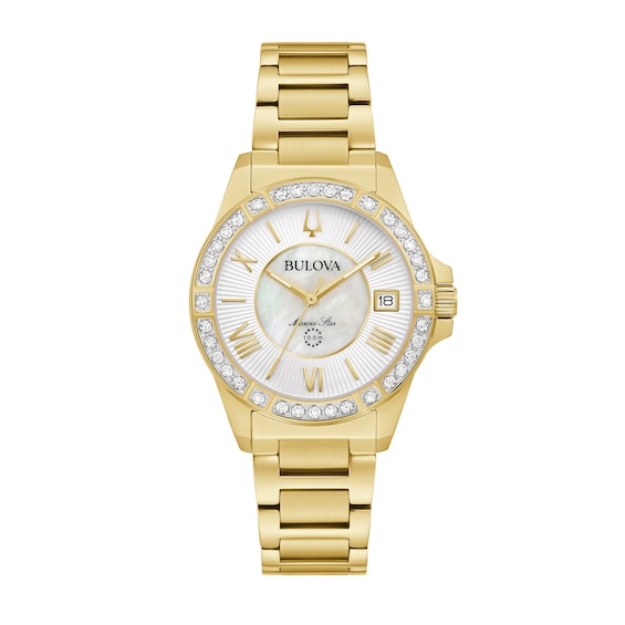 Ladies' Bulova Marine Star 1/10 CT. T.w. Diamond Gold-Tone Watch with Mother-of-Pearl Dial (Model: 98R294)
