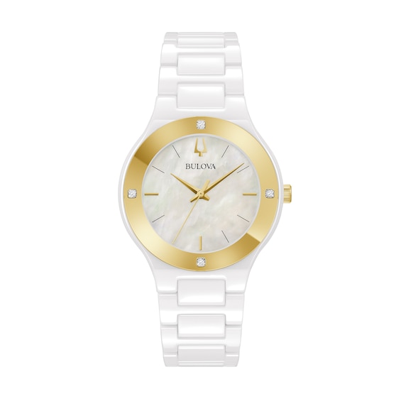 Ladies' Bulova Modern Millenia Diamond Accent Two-Tone Ceramic Watch with Mother-of-Pearl Dial (Model: 98R292)