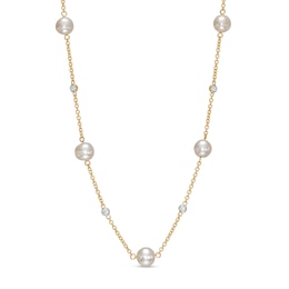 7.0mm Cultured Freshwater Pearl and 1/8 CT. T.W. Diamond Station Necklace in 10K Gold
