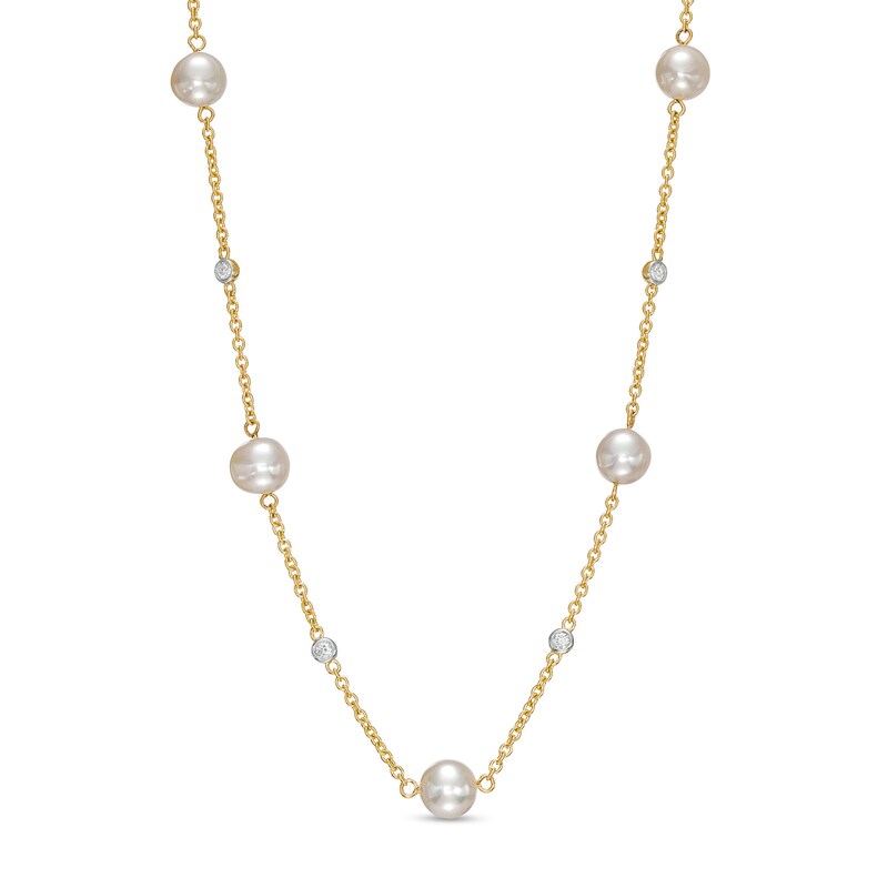 Main Image 1 of 7.0mm Freshwater Cultured Pearl and 1/8 CT. T.W. Diamond Station Necklace in 10K Gold