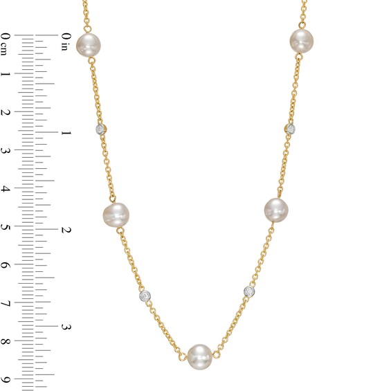 7.0mm Freshwater Cultured Pearl and 1/8 CT. T.w. Diamond Station Necklace in 10K Gold