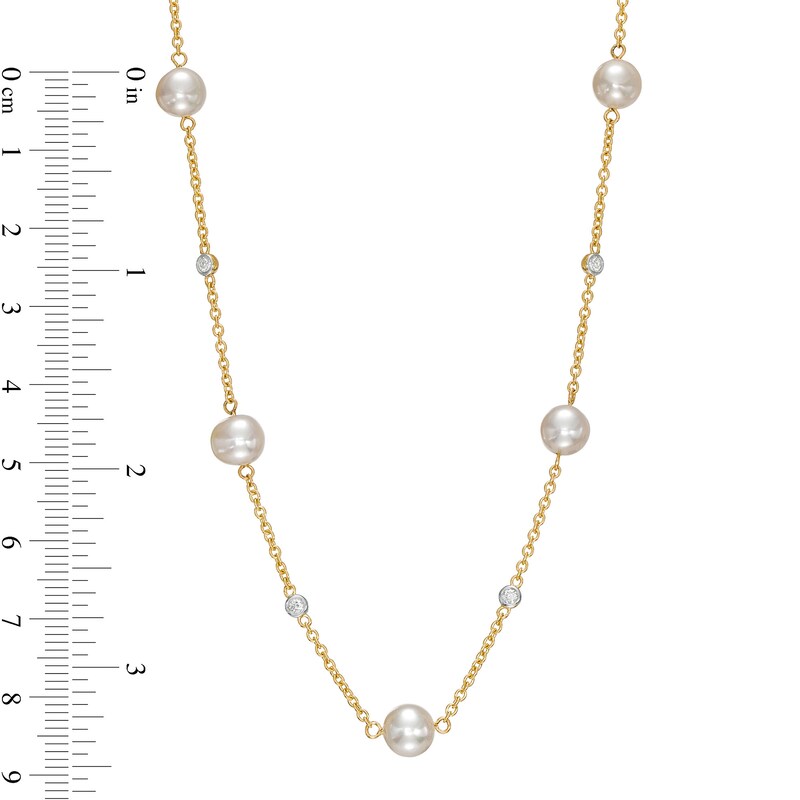 Main Image 4 of 7.0mm Freshwater Cultured Pearl and 1/8 CT. T.W. Diamond Station Necklace in 10K Gold