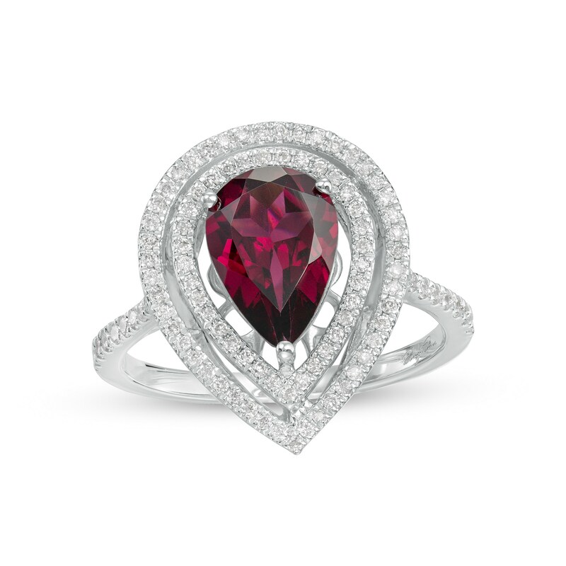 Main Image 1 of Marilyn Monroe™ Collection Pear-Shaped Rhodolite Garnet and 1/3 CT. T.W. Diamond Double Frame Ring in 10K White Gold