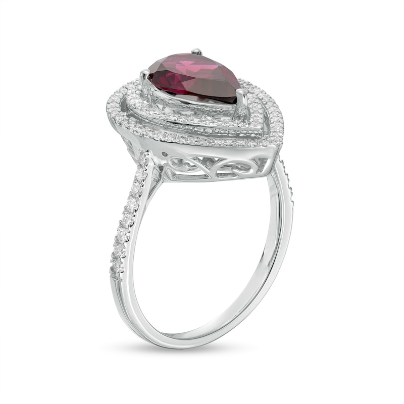 Main Image 2 of Marilyn Monroe™ Collection Pear-Shaped Rhodolite Garnet and 1/3 CT. T.W. Diamond Double Frame Ring in 10K White Gold