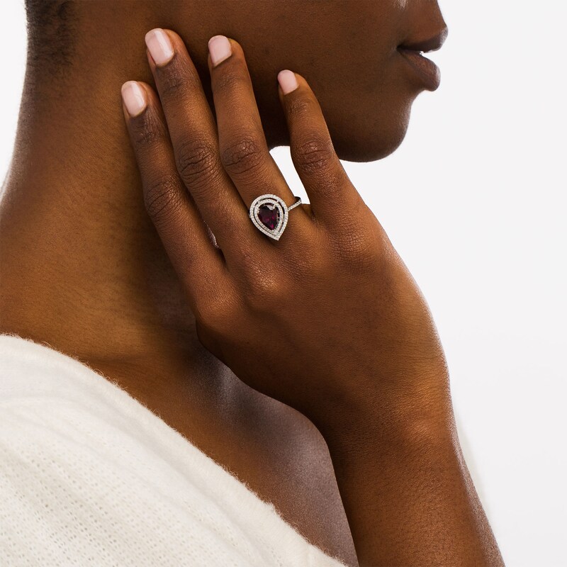 Main Image 3 of Marilyn Monroe™ Collection Pear-Shaped Rhodolite Garnet and 1/3 CT. T.W. Diamond Double Frame Ring in 10K White Gold