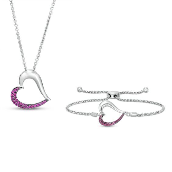 Lab-Created Ruby Tilted Heart Pendant and Bolo Bracelet Set in Sterling Silver