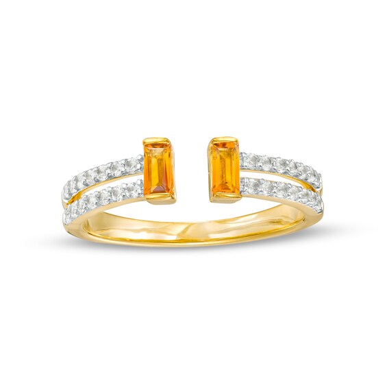 Baguette Citrine and White Lab-Created Sapphire Open Shank Ring in Sterling Silver with 10K Gold Plate - Size 7