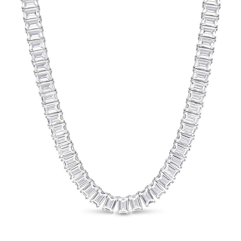 Main Image 1 of Baguette White Lab-Created Sapphire Tennis Necklace in Sterling Silver