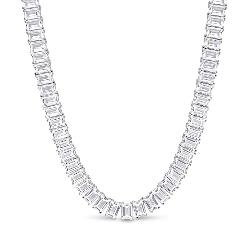 Baguette White Lab-Created Sapphire Tennis Necklace in Sterling Silver