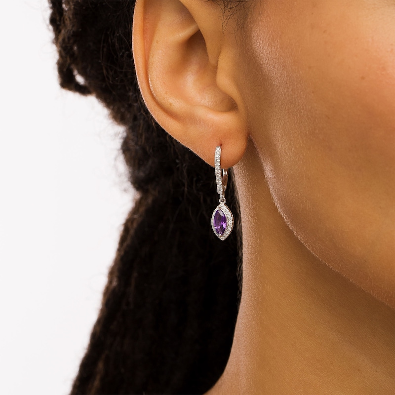 Main Image 3 of Marilyn Monroe™ Collection Marquise Amethyst and 1/4 CT. T.W. Diamond Frame Drop Earrings in 10K White Gold
