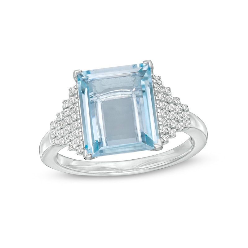 Main Image 1 of Marilyn Monroe™ Collection Baguette Swiss Blue Topaz and 1/6 CT. T.W. Diamond Ring in 10K White Gold