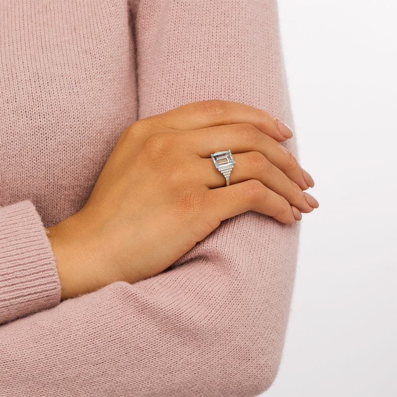 Main Image 3 of Marilyn Monroe™ Collection Baguette Swiss Blue Topaz and 1/6 CT. T.W. Diamond Ring in 10K White Gold
