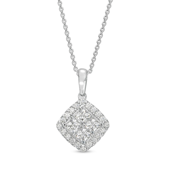 1 CT. T.w. Certified Lab-Grown Quad Princess-Cut Diamond Frame Tilted Pendant in 14K White Gold (F/Si2) - 19"
