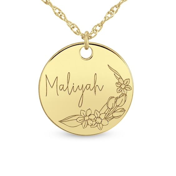 Birth Flower 20.0mm Round Disc Pendant (1 Line and Flower)