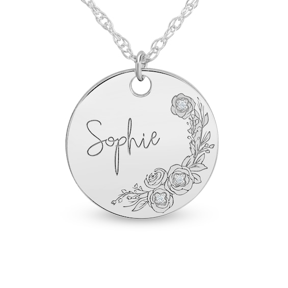 Diamond Accent Birth Flower 20.0mm Round Disc Pendant (1 Line and Flower)