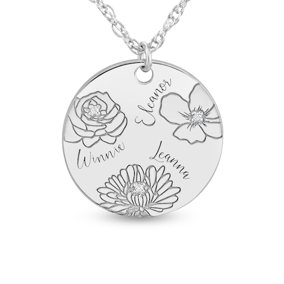 Diamond Accent Birth Flower 20.0mm Round Disc Pendant (1-3 Lines and Flowers)