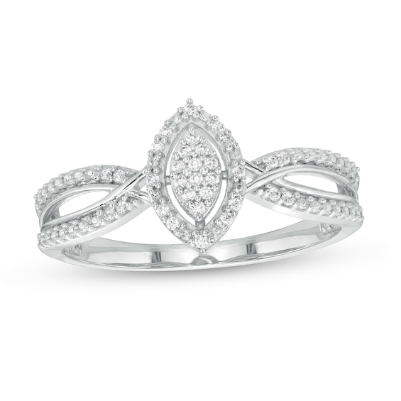 1/15 CT. T.w. Marquise-Shaped Multi-Diamond Frame Twisted Split Shank Promise Ring in 10K White Gold