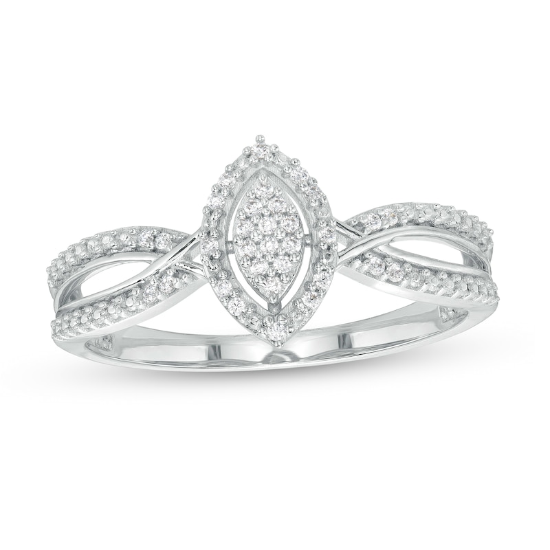 Main Image 1 of 1/15 CT. T.W. Marquise-Shaped Multi-Diamond Frame Twisted Split Shank Promise Ring in 10K White Gold