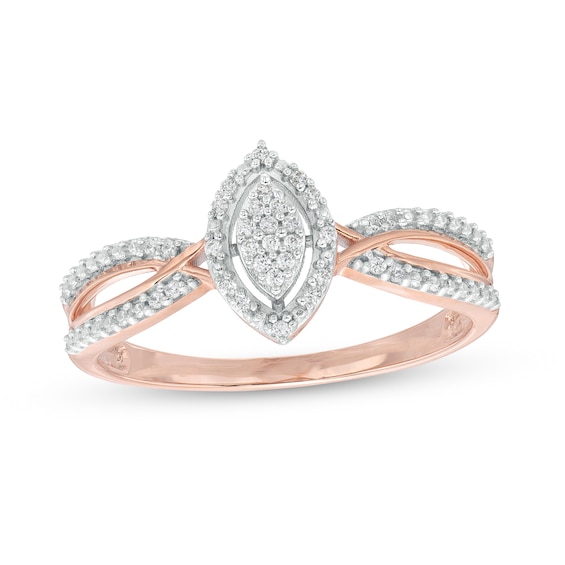 1/15 CT. T.w. Marquise-Shaped Multi-Diamond Frame Twisted Split Shank Promise Ring in 10K Rose Gold