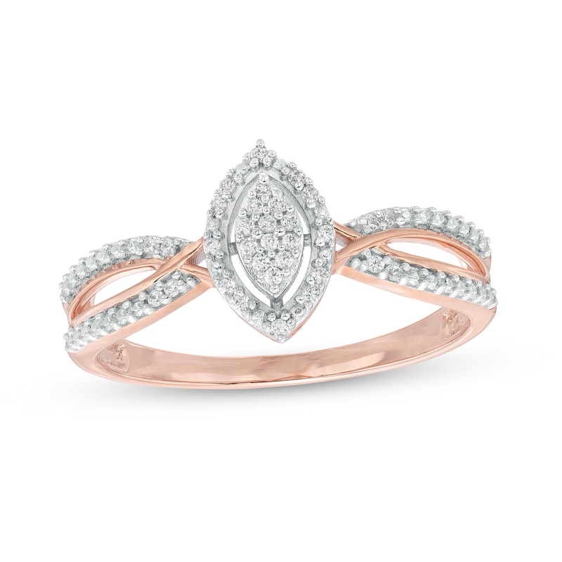 Main Image 1 of 1/15 CT. T.W. Marquise-Shaped Multi-Diamond Frame Twisted Split Shank Promise Ring in 10K Rose Gold