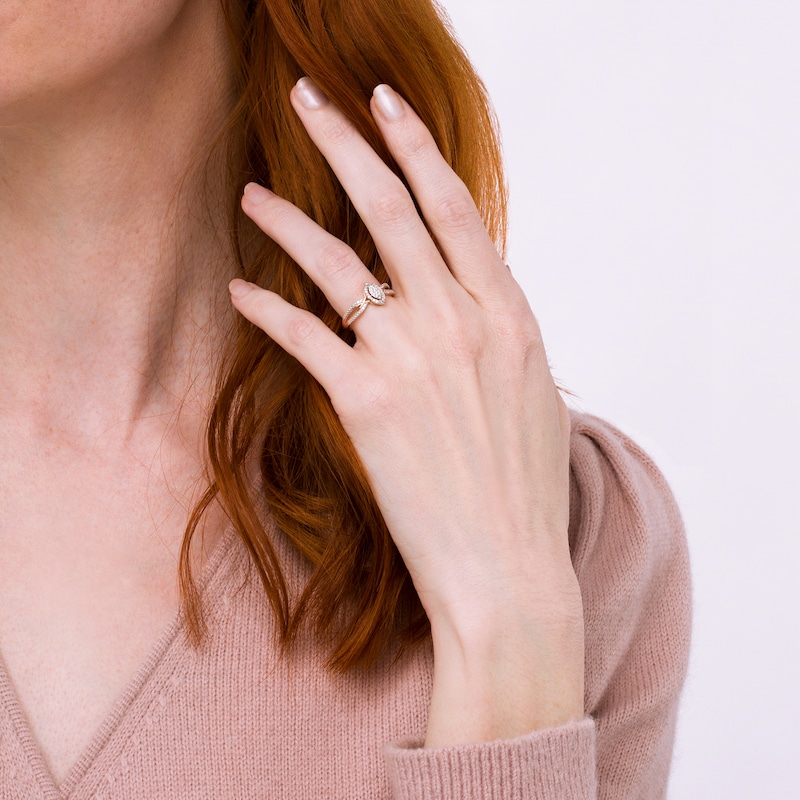 Main Image 2 of 1/15 CT. T.W. Marquise-Shaped Multi-Diamond Frame Twisted Split Shank Promise Ring in 10K Rose Gold