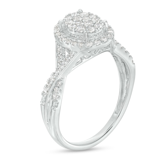 1/2 CT. T.w. Oval-Shape Multi-Diamond Frame Twist Shank Engagement Ring in 10K White Gold
