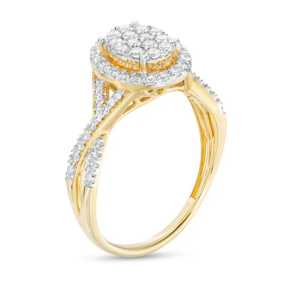 1/2 CT. T.w. Oval-Shape Multi-Diamond Frame Twist Shank Engagement Ring in 10K Gold