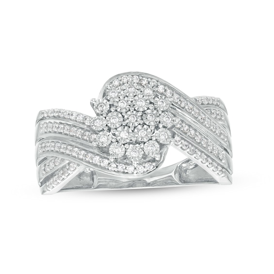 1/4 CT. T.w. Multi-Diamond Flower Bypass Multi-Row Split Shank Ring in 10K White Gold