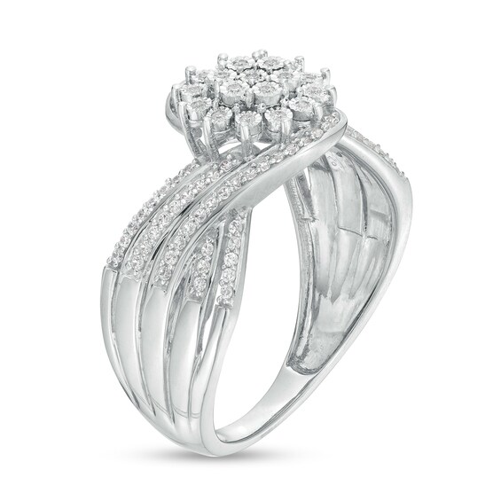 1/4 CT. T.w. Multi-Diamond Flower Bypass Multi-Row Split Shank Ring in 10K White Gold