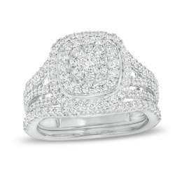 1 CT. T.W. Cushion-Shape Multi-Diamond Frame Bridal Set in 10K White Gold