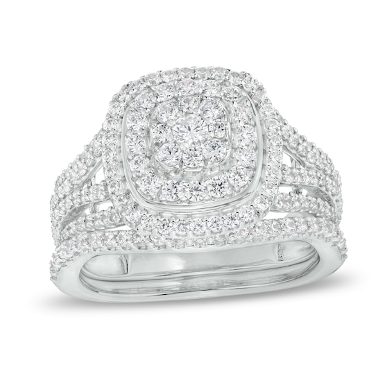 1 CT. T.w. Cushion-Shape Multi-Diamond Frame Bridal Set in 10K White Gold