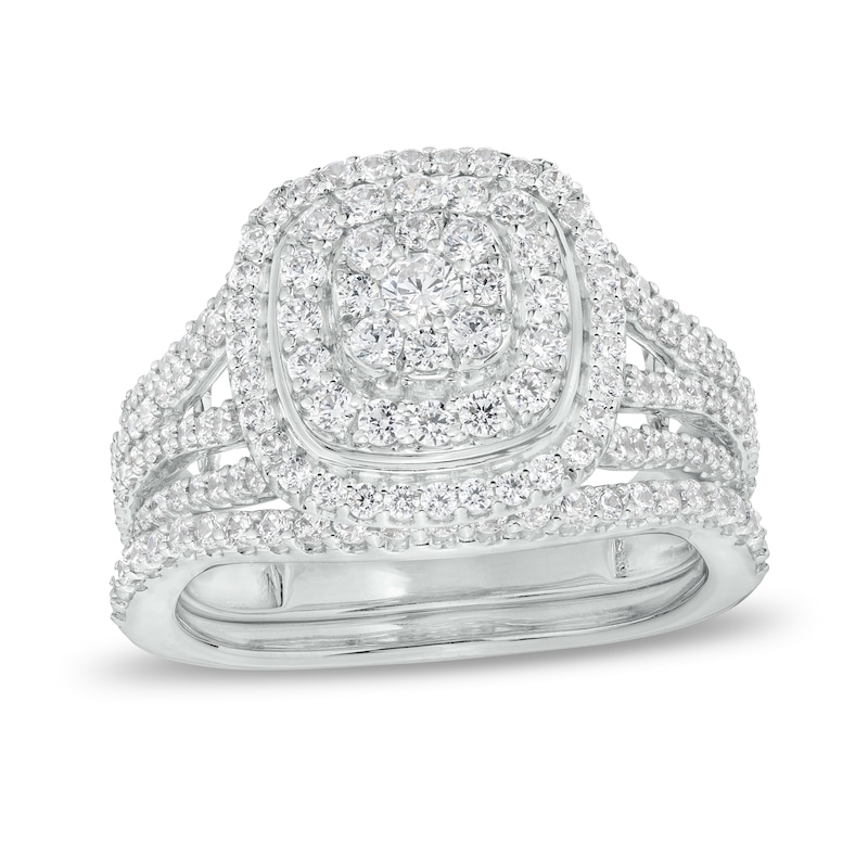 Main Image 1 of 1 CT. T.W. Cushion-Shape Multi-Diamond Frame Bridal Set in 10K White Gold