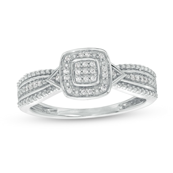 1/15 CT. T.w. Cushion-Shaped Multi-Diamond Beaded Frame Chevron Side Accent Triple Row Promise Ring in 10K White Gold