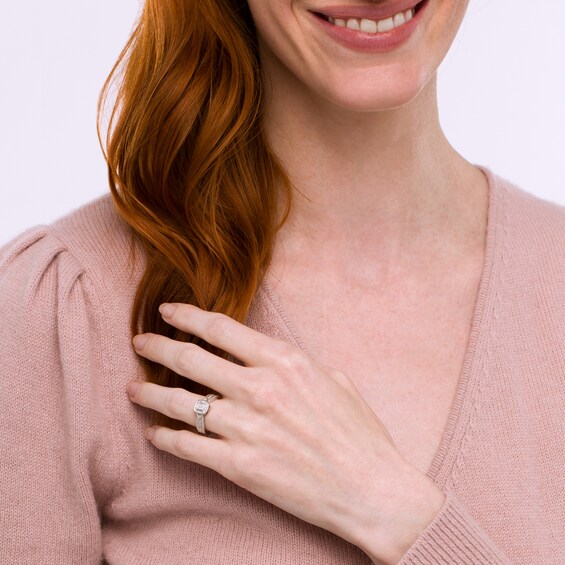 1/15 CT. T.w. Cushion-Shaped Multi-Diamond Beaded Frame Chevron Side Accent Triple Row Promise Ring in 10K White Gold