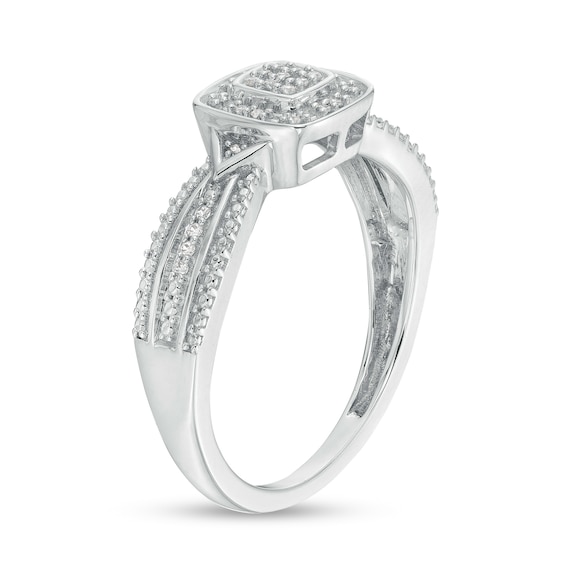 1/15 CT. T.w. Cushion-Shaped Multi-Diamond Beaded Frame Chevron Side Accent Triple Row Promise Ring in 10K White Gold